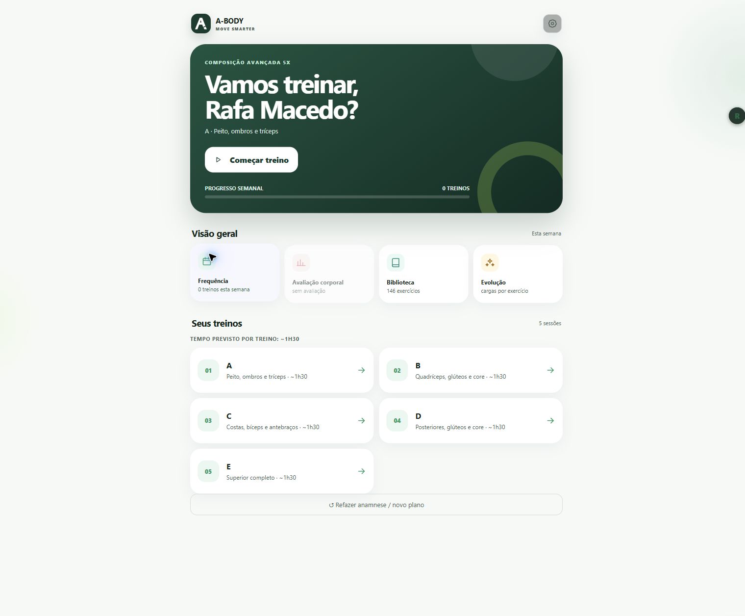 Painel autenticado do A-Body com plano semanal e visão geral