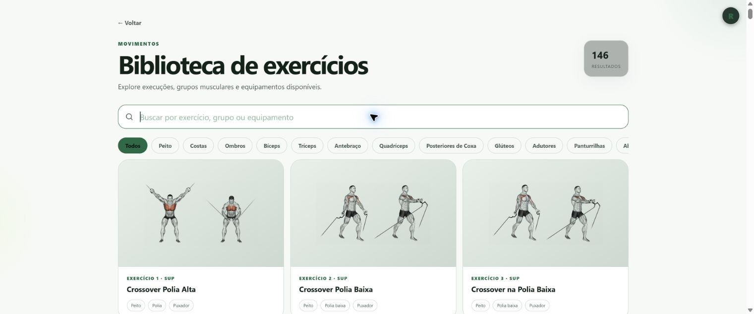 Biblioteca visual do A-Body com 146 exercícios e filtros musculares